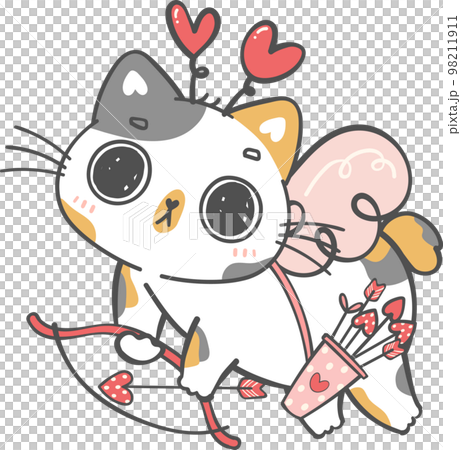 Cute Happy Valentine cupid love calico kitten cat cartoon doodle hand drawing  Cute Happy Valentine cupid love calico kitten cat cartoon doodle hand drawing  98211911