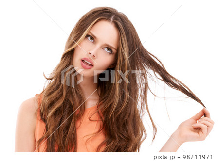 Beauty model, face or thinking on brunette hairstyle on isolated white background for keratin treatment innovation. Woman, brown hair or salon ideas for dye color goals on marketing mock up Beauty model, face or thinking on brunette hairstyle on isolated white background for keratin treatment innovation. Woman, brown hair or salon ideas for dye color goals on marketing mock up 98211971