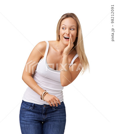 Secret, whisper and gossip with a woman in studio isolated on a white background talking to share news. Communication, announcement and social with an attractive young female on blank marketing space 98212091