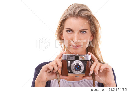 Happy, portrait and woman with a vintage camera in studio for classic, retro and creative photoshoot. Photography, beauty and female photographer from Australia by white background with mockup space. Happy, portrait and woman with a vintage camera in studio for classic, retro and creative photoshoot. Photography, beauty and female photographer from Australia by white background with mockup space. 98212136