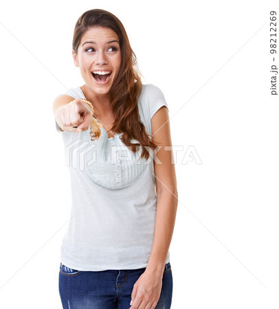 Laugh, bullying and woman pointing in studio isolated on white background for humor, shame and mocking gesture. Body language, mean and girl point finger for attitude, making fun and laughing at joke 98212269