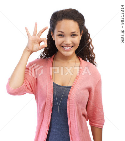 Black woman, portrait and ok hand sign for support, success and approval on white background. Smile and face of a happy female model with perfect finger emoji for motivation, feedback and trust 98212314