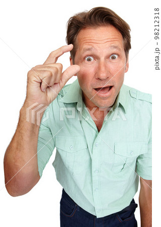 Portrait, man and hand sign for small size or length while surprised and shocked about wow finger mockup. Face of male model isolated on white background for advertising product, scale or measurement 98212318