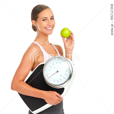 Apple Diet Woman Scale Body Health Self Care Natural Weight Stock Photo by  ©PeopleImages.com 620463918