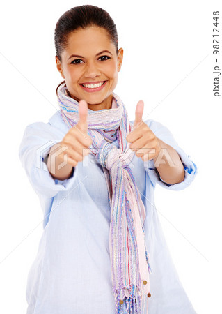 Woman, smile and thumbs up for winning, deal or discount against a white studio background. Portrait of isolated female smiling and showing thumbsup for good job, sale or finished on white background 98212448