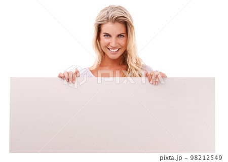 Mockup, studio portrait and woman with poster, placard or billboard for marketing, advertising or product placement. Sign, banner space and sales model girl with promotion mock up on white background Mockup, studio portrait and woman with poster, placard or billboard for marketing, advertising or product placement. Sign, banner space and sales model girl with promotion mock up on white background 98212549