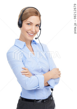 Call center, portrait and woman in studio for telemarketing, contact us marketing or telecom. Proud woman consultant, customer support worker or callcenter employee smile on face on white background Call center, portrait and woman in studio for telemarketing, contact us marketing or telecom. Proud woman consultant, customer support worker or callcenter employee smile on face on white background 98212679