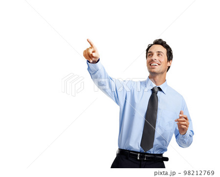 Excited businessman, hands or pointing on studio background on advertising space or marketing mock up for branding. Smile, happy or worker finger in opinion, vote or promotion deal gesture on mockup Excited businessman, hands or pointing on studio background on advertising space or marketing mock up for branding. Smile, happy or worker finger in opinion, vote or promotion deal gesture on mockup 98212769