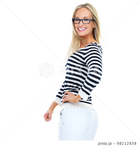 Fashion, casual and happy model in a studio with a trendy, natural and cool outfit and glasses. Style, smile and woman from Canada with spectacles and stylish clothes isolated by white background. 98212838