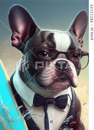Portrait of French bulldog, in a dinner suit, swims through the waves on a surfboard. 98213149