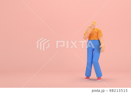 The woman with golden hair tied in a bun wearing blue corduroy pants and Orange T-shirt with white stripes. She is expression of hand when talking. 3d rendering of cartoon character in acting. The woman with golden hair tied in a bun wearing blue corduroy pants and Orange T-shirt with white stripes. She is expression of hand when talking. 3d rendering of cartoon character in acting. 98213515
