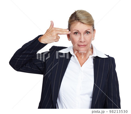 Suicide, hand gun and portrait of senior woman with mental health problem, business depression crisis and job mistake stress. Burnout, career anxiety and worker depressed on white background studio 98213530