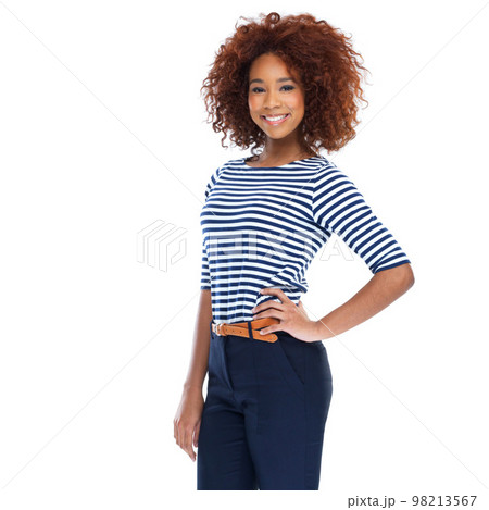 Portrait, smile and black woman in studio, white background and isolated pose. Happy female model, trendy fashion and casual outfit style with afro, motivation and happiness of confident empowerment Portrait, smile and black woman in studio, white background and isolated pose. Happy female model, trendy fashion and casual outfit style with afro, motivation and happiness of confident empowerment 98213567