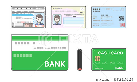 免許証、マイナンバーカード、保険証、通帳、印鑑、キャッシュカードのイラスト（いろいろな身分証明） 98213624
