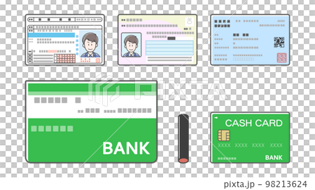 免許証、マイナンバーカード、保険証、通帳、印鑑、キャッシュカードのイラスト（いろいろな身分証明） 98213624
