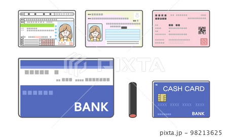 免許証、マイナンバーカード、保険証、通帳、印鑑、キャッシュカードのイラスト（いろいろな身分証明） 98213625