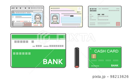 免許証、マイナンバーカード、保険証、通帳、印鑑、キャッシュカードのイラスト(いろいろな身分証明) 免許証、マイナンバーカード、保険証、通帳、印鑑、キャッシュカードのイラスト(いろいろな身分証明) 98213626