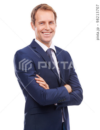 Portrait, mindset and mission with a business man in studio isolated on a white background standing arms crossed. Vision, future and growth with a male employee in a suit for corporate success Portrait, mindset and mission with a business man in studio isolated on a white background standing arms crossed. Vision, future and growth with a male employee in a suit for corporate success 98213707