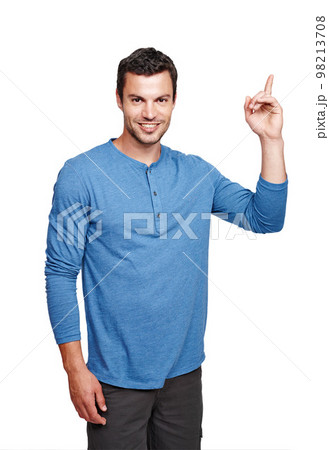 Pointing up, man and model portrait with idea thinking with a smile in isolated white background. Happiness, ideas and planning of a person with casual clothes in a studio with mockup and a question 98213708