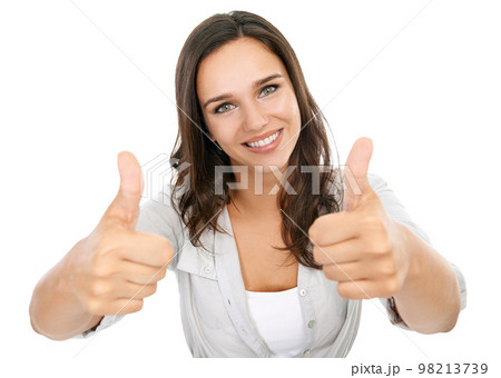 Woman, happy portrait and thumbs up of a beautiful model isolated with white background. Yes, thank you and success hands sign with motivation and winning agreement vision of a female and mockup 98213739