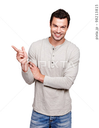 Man, happy and portrait while pointing finger at mockup space for advertising isolated on a white background. Smile of a male from France with hand sign for promotion, announcement and brand product 98213815