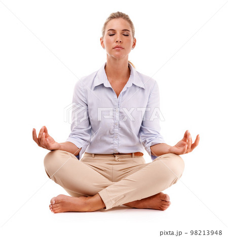 Yoga meditation, relax and business woman meditate for work stress relief, spiritual mental health or chakra energy healing. Lotus, zen mindset peace and girl mindfulness on white background studio 98213948