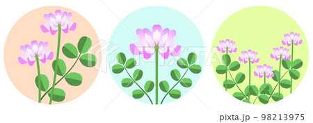 春の野の花のステッカーセット。レンゲソウの花の円形ステッカー3種。 98213975