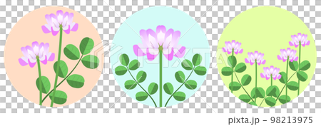 春の野の花のステッカーセット。レンゲソウの花の円形ステッカー3種。 98213975