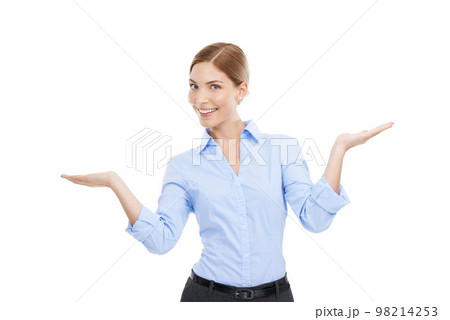 Business woman, portrait and hands mockup for advertising product placement space isolated on white background. Happy female entrepreneur with hand palm for a promotion, offer or branding for startup 98214253