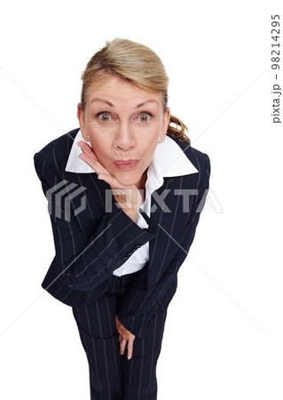 Wow, surprise and business woman on a white background for office gossip, secrets and information. Corporate fashion, manager and senior worker isolated in studio with shock, omg and amazed face Wow, surprise and business woman on a white background for office gossip, secrets and information. Corporate fashion, manager and senior worker isolated in studio with shock, omg and amazed face 98214295