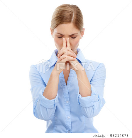 Business woman, stress and mental health or anxiety with headache against a white studio background. Isolated female employee suffering from depression, thinking or frustrated with hands on head 98214373