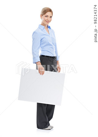 News, announcement and businesswoman with blank sign, mockup and product placement isolated on white background. Advertising, marketing and body portrait of happy woman with poster board and smile. News, announcement and businesswoman with blank sign, mockup and product placement isolated on white background. Advertising, marketing and body portrait of happy woman with poster board and smile. 98214374