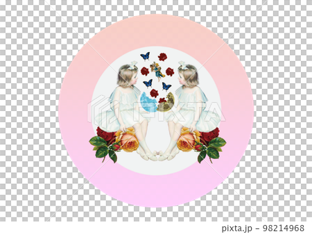 復古圓形標籤設計，一個女孩看著仙女和蝴蝶從裂月中飛出 98214968