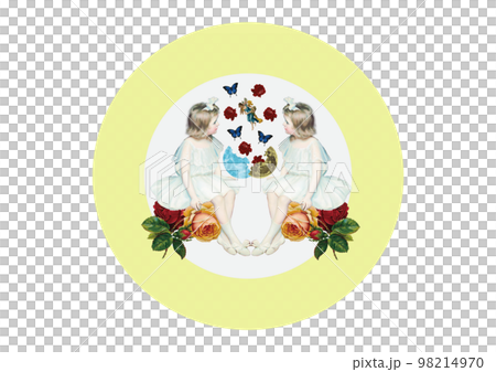 復古圓形標籤設計，一個女孩看著仙女和蝴蝶從裂月中飛出 98214970