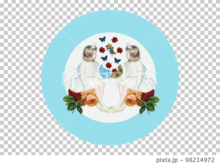 復古圓形標籤設計，一個女孩看著仙女和蝴蝶從裂月中飛出 98214972