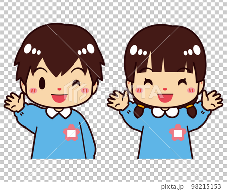 穿著工作服揮手的可愛幼兒園兒童 穿著工作服揮手的可愛幼兒園兒童 98215153