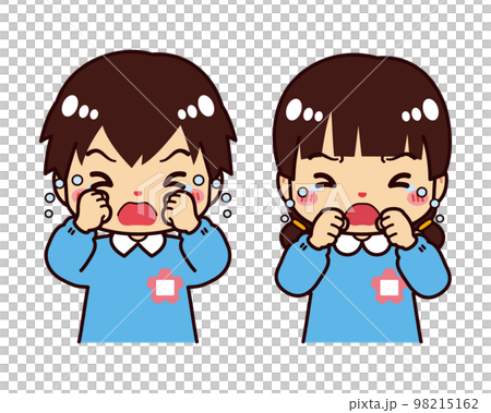 Cute kindergarten children wearing smocks crying Cute kindergarten children wearing smocks crying 98215162