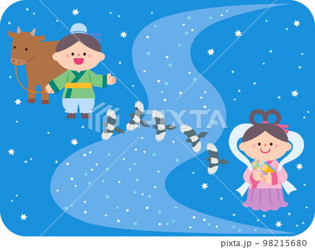 七夕イラスト素材　天の川を隔てたひこぼしとおりひめ 98215680