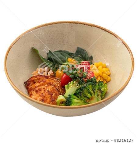 Chicken poke bowl with vegetables and corn 98216127
