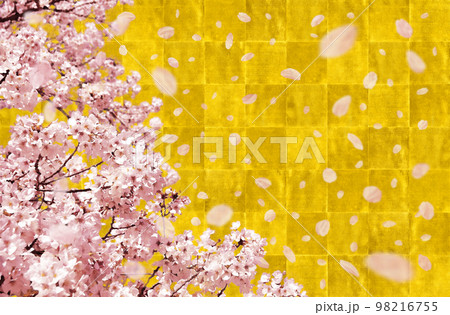 桜と草花の日本画 金箔使用