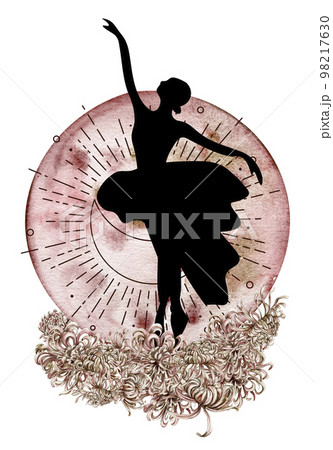 Watercolor dancing pink pretty ballerina with flowers and moon. Watercolor hand drawn illustration. Can be used for cards or posters. With white isolated background. Young pretty ballerina women. Watercolor dancing pink pretty ballerina with flowers and moon. Watercolor hand drawn illustration. Can be used for cards or posters. With white isolated background. Young pretty ballerina women. 98217630