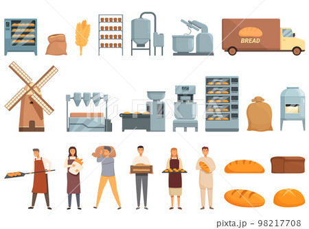 Bread production icons set cartoon vector. Bread factory. Bakery food Bread production icons set cartoon vector. Bread factory. Bakery food 98217708