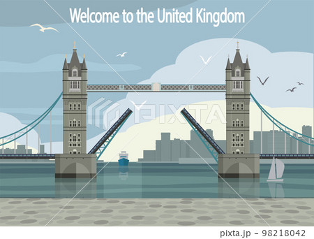 Tower Bridge against the backdrop of the silhouette of the city in the fog. Vector. 98218042
