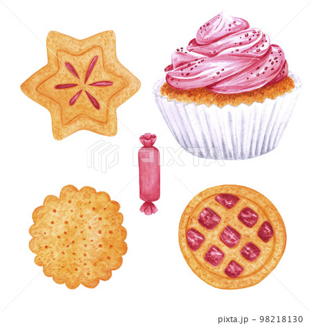 Hand drawn watercolor cookie and cake. Christmass and New Year symbol, decorative element. Scrapbook, poster, label, banner, post card. Hand drawn watercolor cookie and cake. Christmass and New Year symbol, decorative element. Scrapbook, poster, label, banner, post card. 98218130