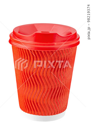 Disposable paper cup with lid for coffee, tea and other hot drinks isolated on white background. 98219374