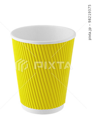 Empty yellow disposable paper cup for drinks isolated on white background. Empty yellow disposable paper cup for drinks isolated on white background. 98219375