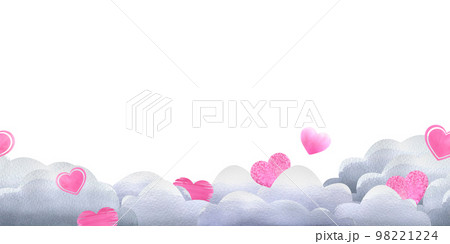 Gray clouds with pink hearts of different textures. Watercolor illustration. A seamless pattern board from the collection VALENTINE'S DAY . For decoration and design of invitations, postcards Gray clouds with pink hearts of different textures. Watercolor illustration. A seamless pattern board from the collection VALENTINE'S DAY . For decoration and design of invitations, postcards 98221224