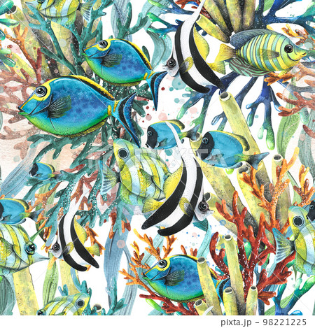 Bright, tropical fish, corals, sea sponges. Watercolor illustration. Seamless pattern. For decoration and fabric design. textiles, wallpaper, wrapping paper, beach and summer clothes, accessories. 98221225