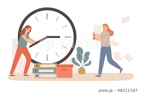 Time management with business deadline clock concept. Woman holding dial arrows trying to stop time. Female employee running 98221587
