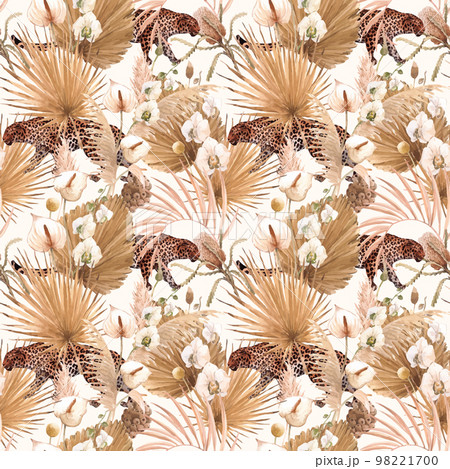 Beautiful vector autotraced tropical seamless pattern with watercolor hand drawn golden palm leaves white orchid anthurium flowers and jaguar . Stock bo ho wedding illustration. Beautiful vector autotraced tropical seamless pattern with watercolor hand drawn golden palm leaves white orchid anthurium flowers and jaguar . Stock bo ho wedding illustration. 98221700